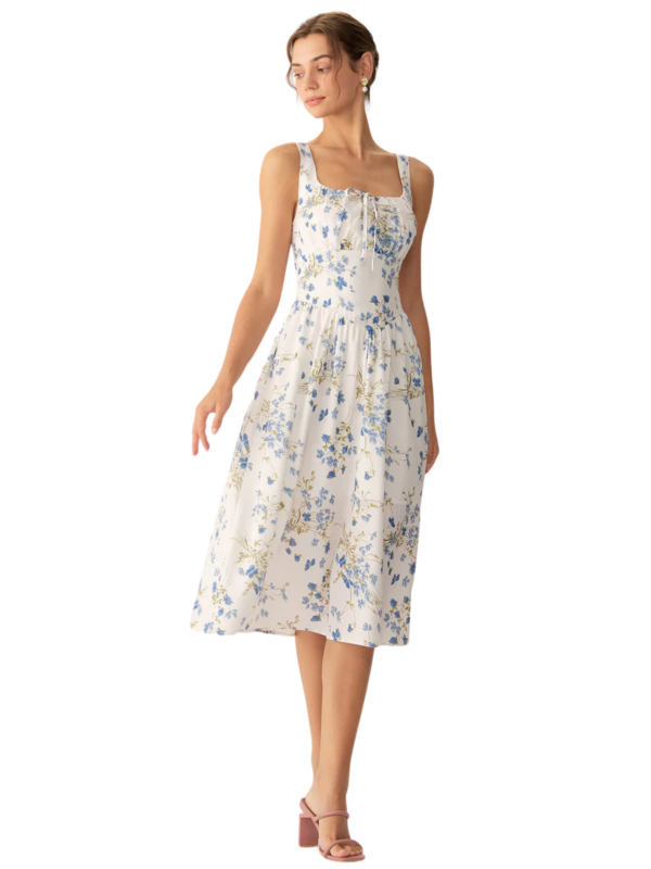 Blue Floral U Neck A-Line Midi Dress - Image 2