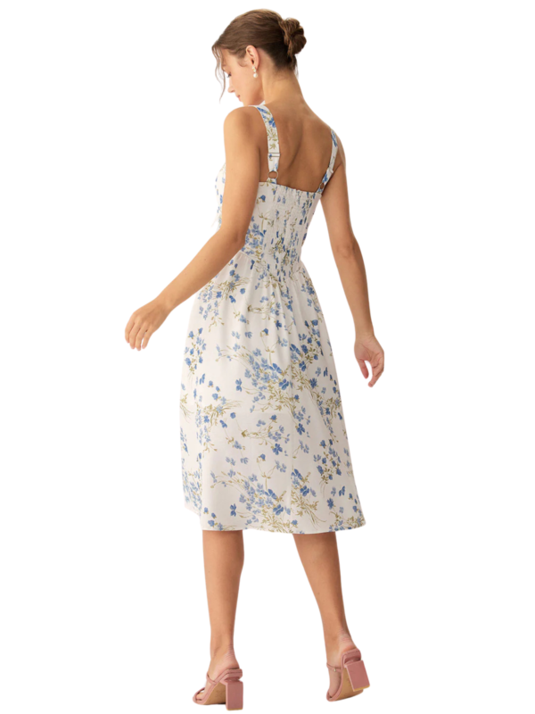 Blue Floral U Neck A-Line Midi Dress - Image 3