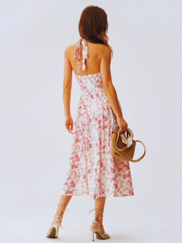 Pink Floral Halter Midi Dress - Image 2