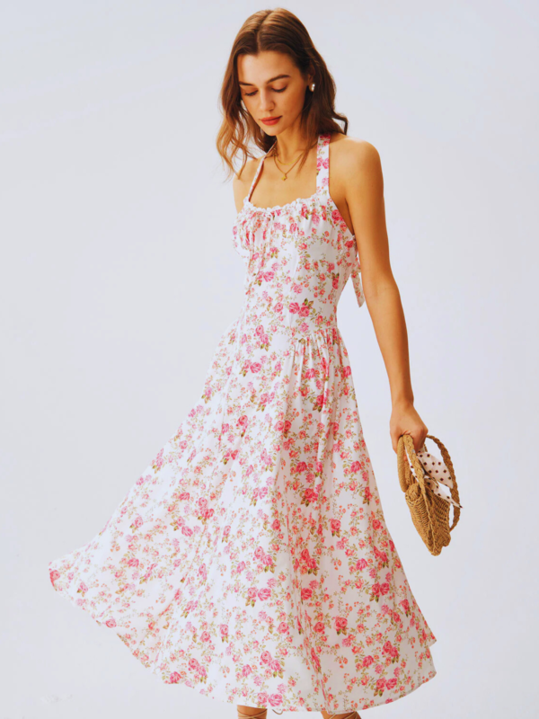 Pink Floral Halter Midi Dress - Image 3