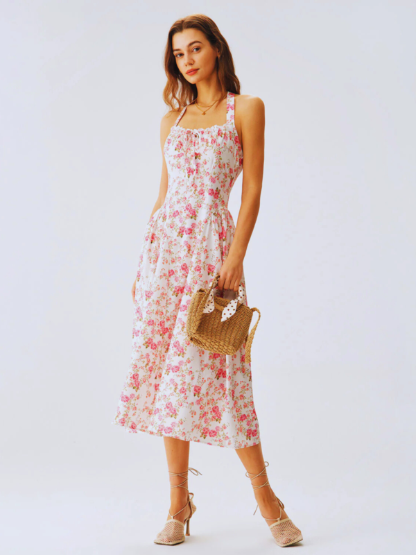 Pink Floral Halter Midi Dress - Image 4