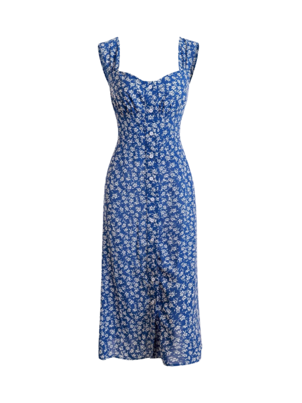 Blue Single-breasted Floral Midi Dress - Image 4